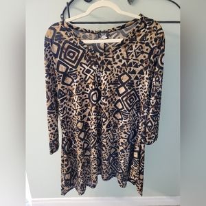 Jostar long sleeve swing dress with graphic print in tan and black, US L